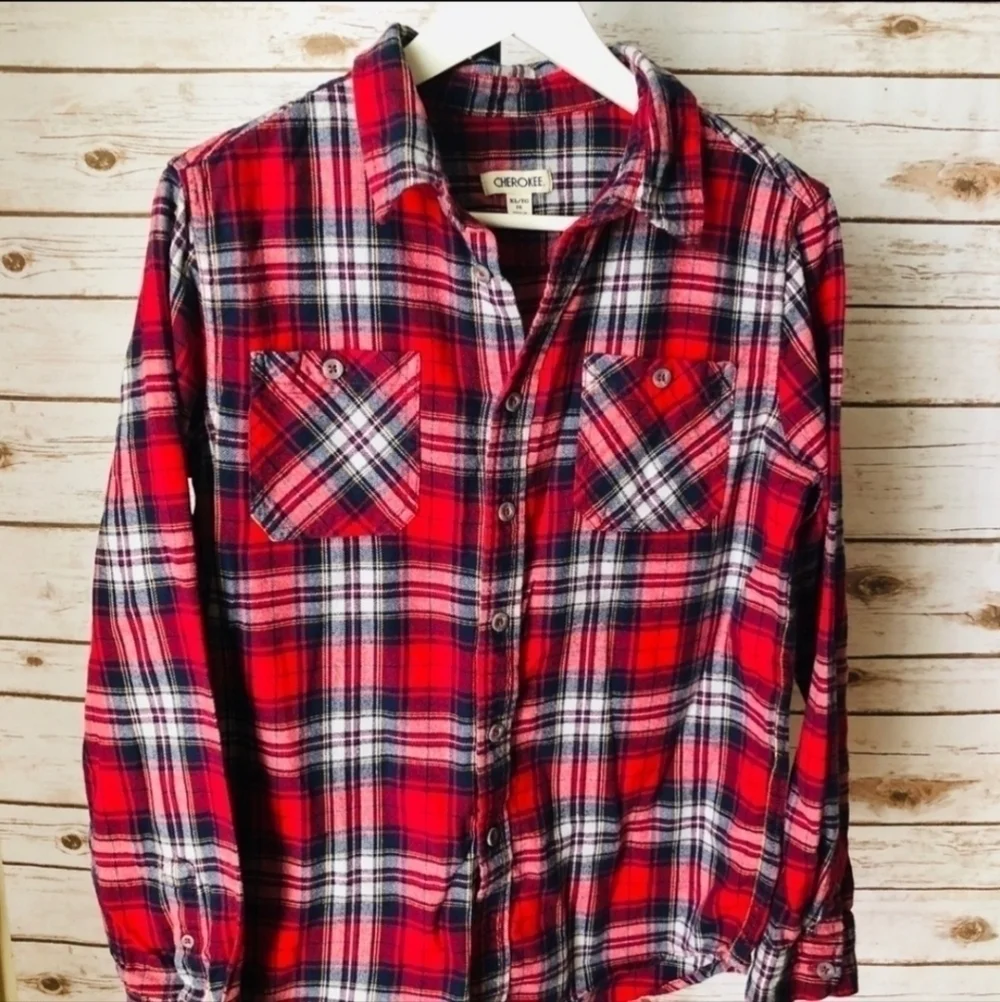 Cherokee Red Black White Plaid Flannel Long Button Sleeve Shirt Collared Boy's 8